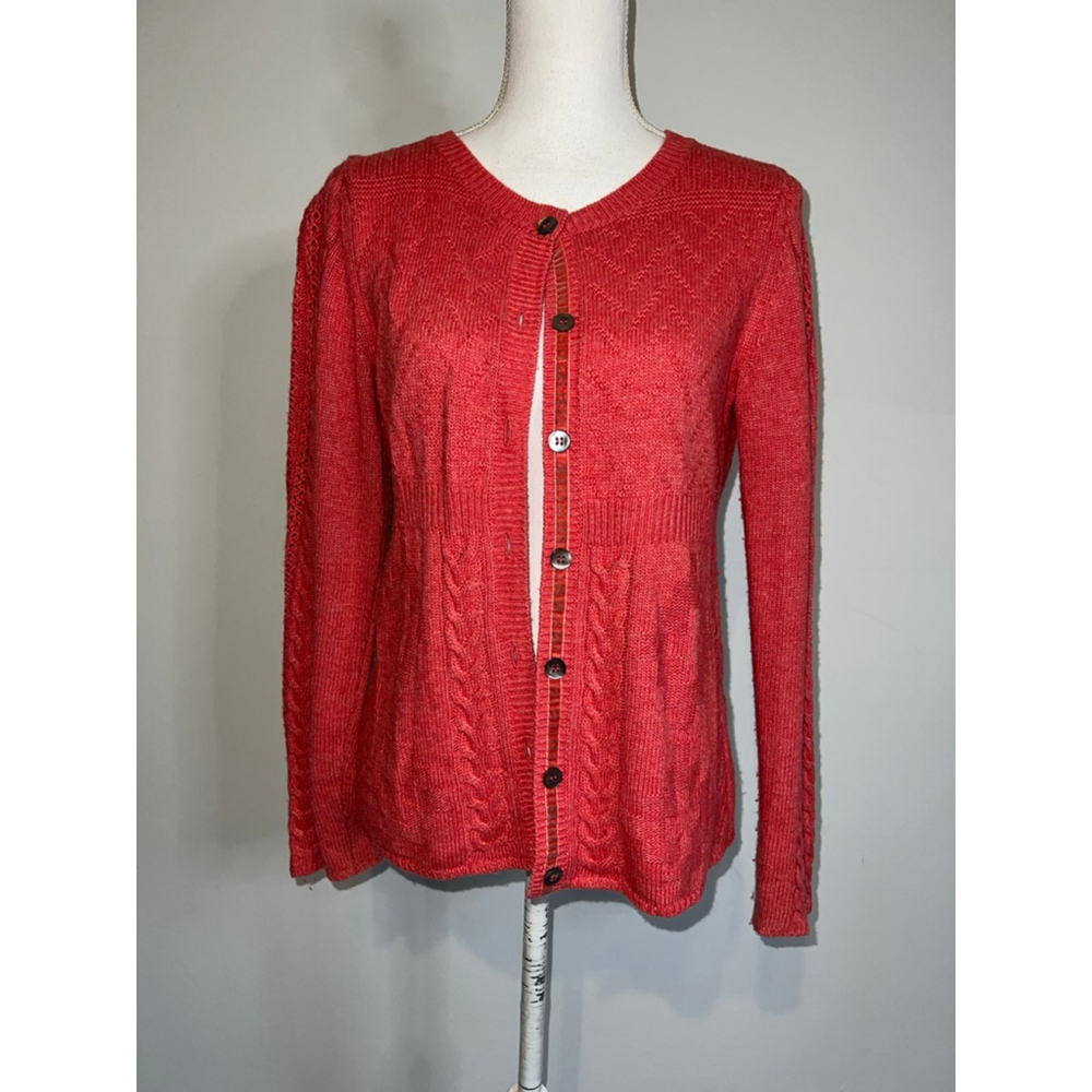 Sundance Coral Red Orange Cable Knit Cardigan Sweater S